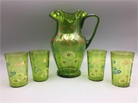 Green blown glass pitcher and 4 cups
