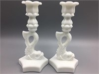 Milk glass candlesticks and compote