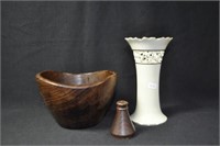 PIERCED HEART SMALL VASE, WOODEN BOWL AND WOODEN