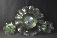 GREEN DEPRESSION GLASS CENTER PIECE BOWL AND PAIR