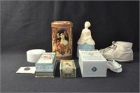 GROUPING: ADVERTISING BOXES, TINS, BABY SHOES,