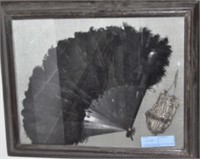 BLACK FEATHERED FAN WITH BEADED PURSE - FRAMED