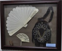2 FANS, BEADED BAG AND PIN - FRAMED