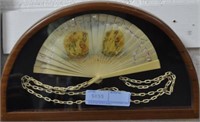 PAINTED IVORY FAN WITH SECURITY CHAIN - FRAMED