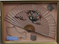 PAINTED FAN WITH ART DECO NECKLACE AND PAIR
