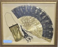GOLD DECORATED FAN WITH MESH BAG - FRAMED
