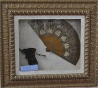 DECORATIVE FAN AND BEADED PURSE IN FRAME