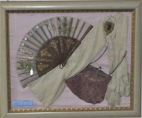 DECORATED FAN, GLOVES, BEADED PURSE AND RED STONE