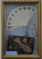 SHADOW BOX FRAME WITH FAN, BEADED PURSE AND LAPEL
