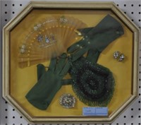 OCTAGINAL FRAME WITH FAN, GLOVES, BEADED PURSE,