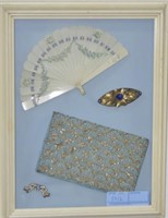 DECORATIVE FAN, PURSE AND 2 BROOCHES - FRAMED