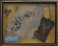 FEATHERED FAN, BEADED PURSE AND 2 BROOCHES -