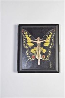 BLACK TIN CIGARETTE CASE WITH BUTTERFLY WOMAN ON