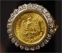 14KT TWO PESO YELLOW GOLD COIN & DIAMOND RING