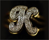"K" MICRO PAVE DIAMOND 14KT YELLOW GOLD RING