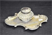 SILVER PLATE TRAY - CRYSTAL INK WELL WITH SILVER