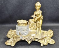 BRASS DESK TRAY WITH LITTLE GIRL HOLDING A BIRD -