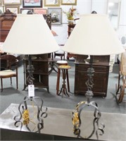 PAIR CAST METAL LAMPS WITH SHADES - 36" HIGH
