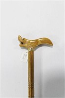 34" CANE TURNED WOOD WITH WOODEN ANIMAL HANDLE -