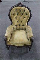 VICTORIAN, WALNUT ROCKING CHAIR CARVED ROSE BACK,