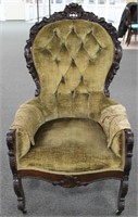 VICTORIAN, WALNUT ARM CHAIR CARVED ROSE BACK,
