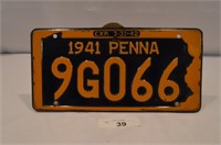 1941 Pennsylvania License Plate-Great Condition