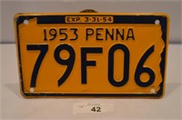 1953 Pennsylvania License Plate-Great Condition