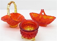 (3) Pcs Daisy & Button Amberina Glass Dishes