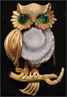 Owl Brooch, 18K Gold, Druzy Geode, & Spinel