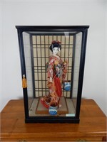 Porcelain Geisha Figure Inside of Glass Case