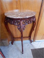 Carved Wood Marble Top Pedestal Table