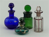 4 COLOURED GLASS PERFUME BOTTLES