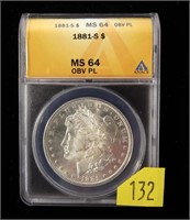 1881-S Morgan dollar, ANACS slab certified MS-64