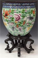 CLOISONNE METAL FISH BOWL ON CARVED STAND