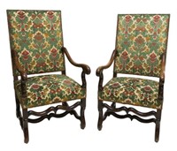(2) LOUIS XIII STYLE WALNUT UPHOLSTERED ARMCHAIRS