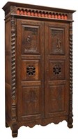 FRENCH BRITTANY FIGURAL CARVED OAK ARMOIRE
