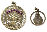 2) ESTATE 14KT GOLD PENDANTS, GEMSET MENORORAH