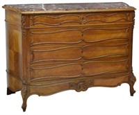 FRENCH LOUIS XV STYLE WALNUT MARBLE TOP COMMODE