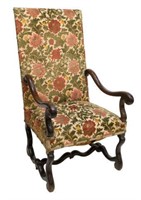 LOUIS XIII STYLE UPHOLSTERED WALNUT ARMCHAIR