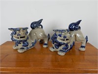 2 Ceramic Blue & White Foo Dogs