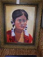 Framed Art Native American Girl Oil on Board