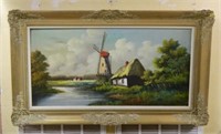 Large Windmill Motif Oil on Canvas.