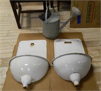 Galvanized Watering Can and Enamelware.  3 pc.