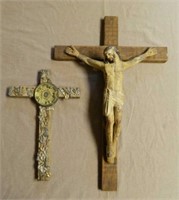 Carved Wooden Crucifix and Milagro Accented Cross.