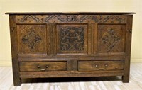Superb Early Continental Carved Oak Mule Chest.