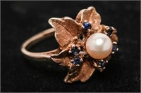 Gold, Sapphire, & Pearl Ring, 14K in Flower-Form
