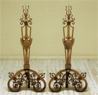 Ornate Baronial Wrought Iron Andirons.