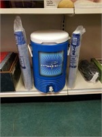 Blue Powerade cooler with 2 sleeves of cups