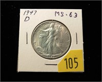 1947-D Walking Liberty half dollar, MS-63
