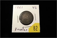 1861 Seated Liberty quarter dollar, VG